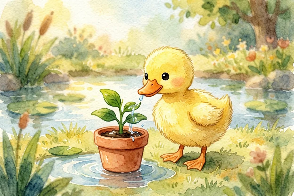 Watercolor illustration of a little duckling proudly watering a small potted plant she has cared for