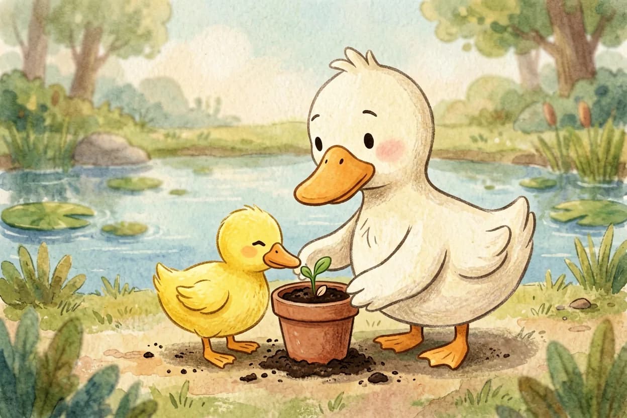 The father duck giving the little duckling a small pot, soil and a seed to plant and tend