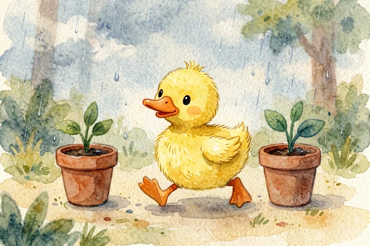 The little duckling running off to play, leaving her pot unwatered on a rainy morning