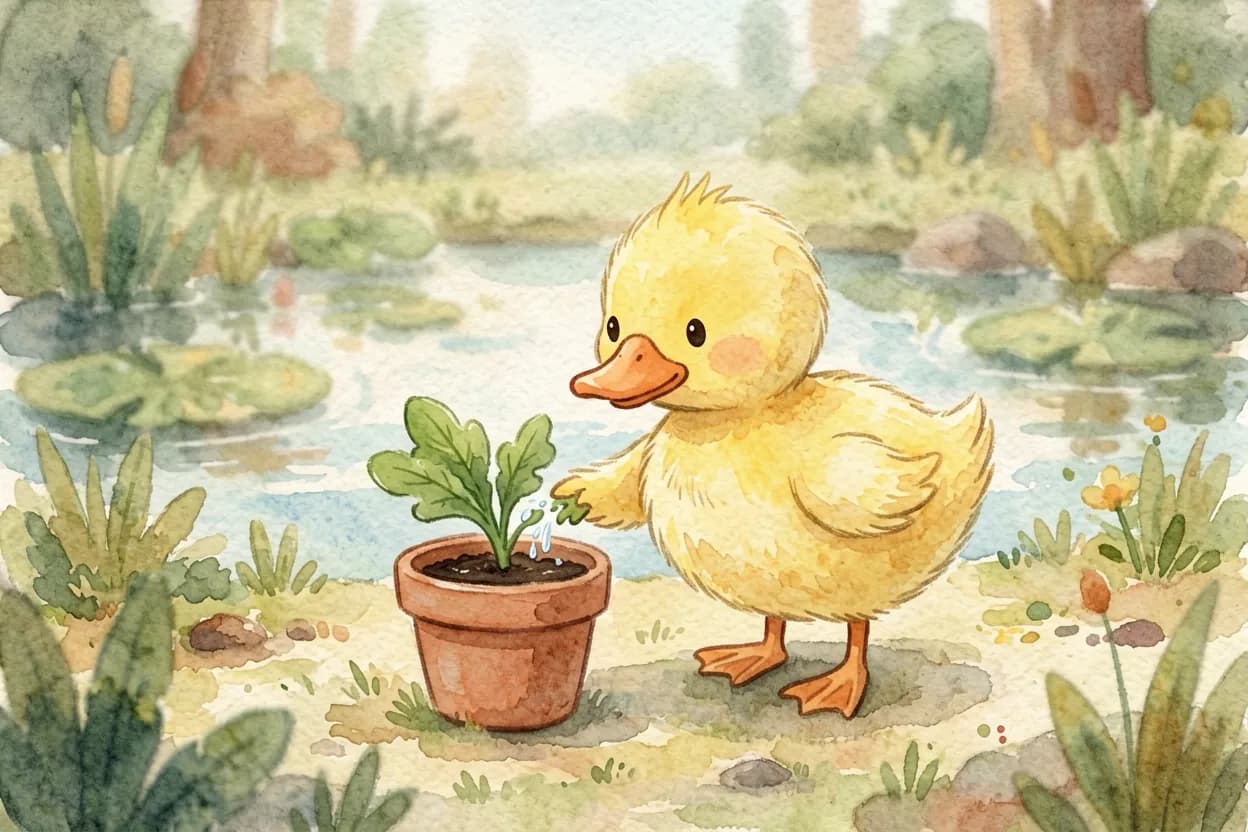 The little duckling returning to carefully water her pot and pull out a weed, taking responsibility