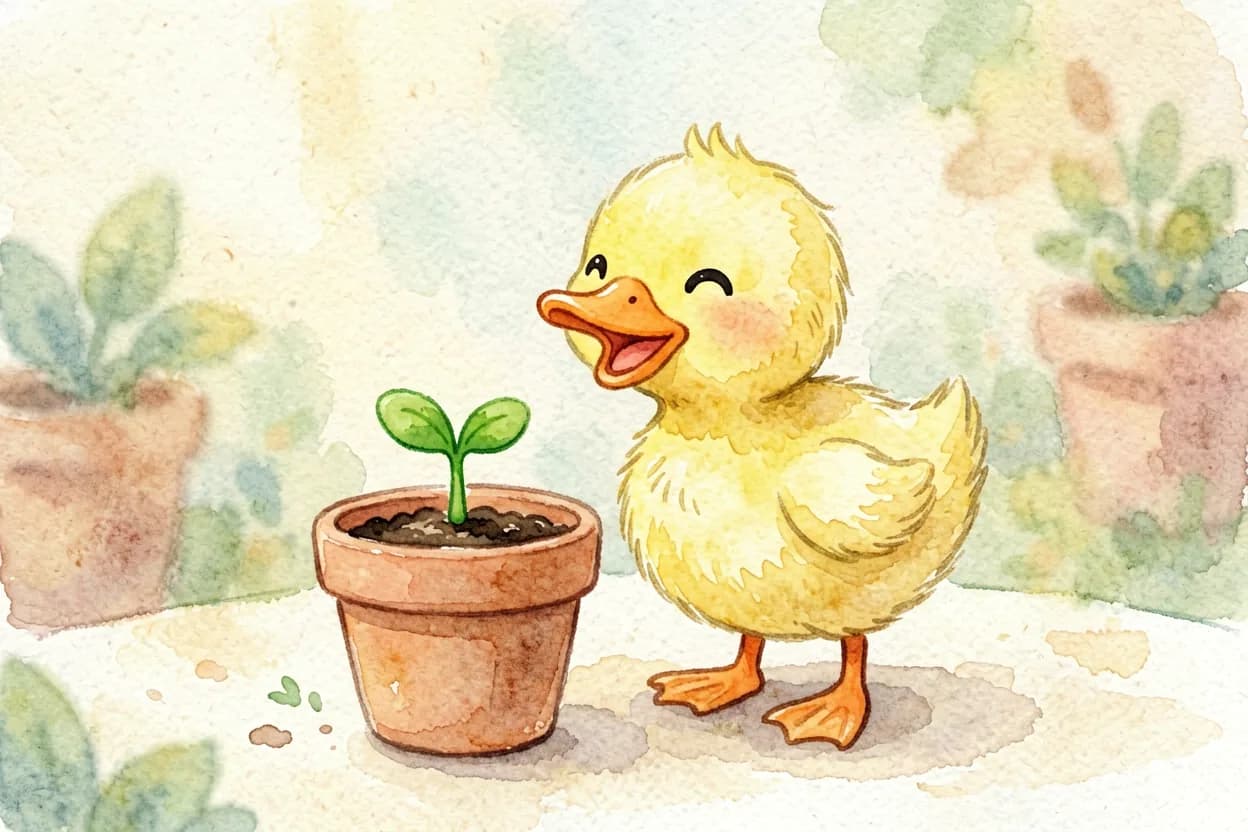 The little duckling gasping with joy as a tiny green shoot appears in her well-tended pot