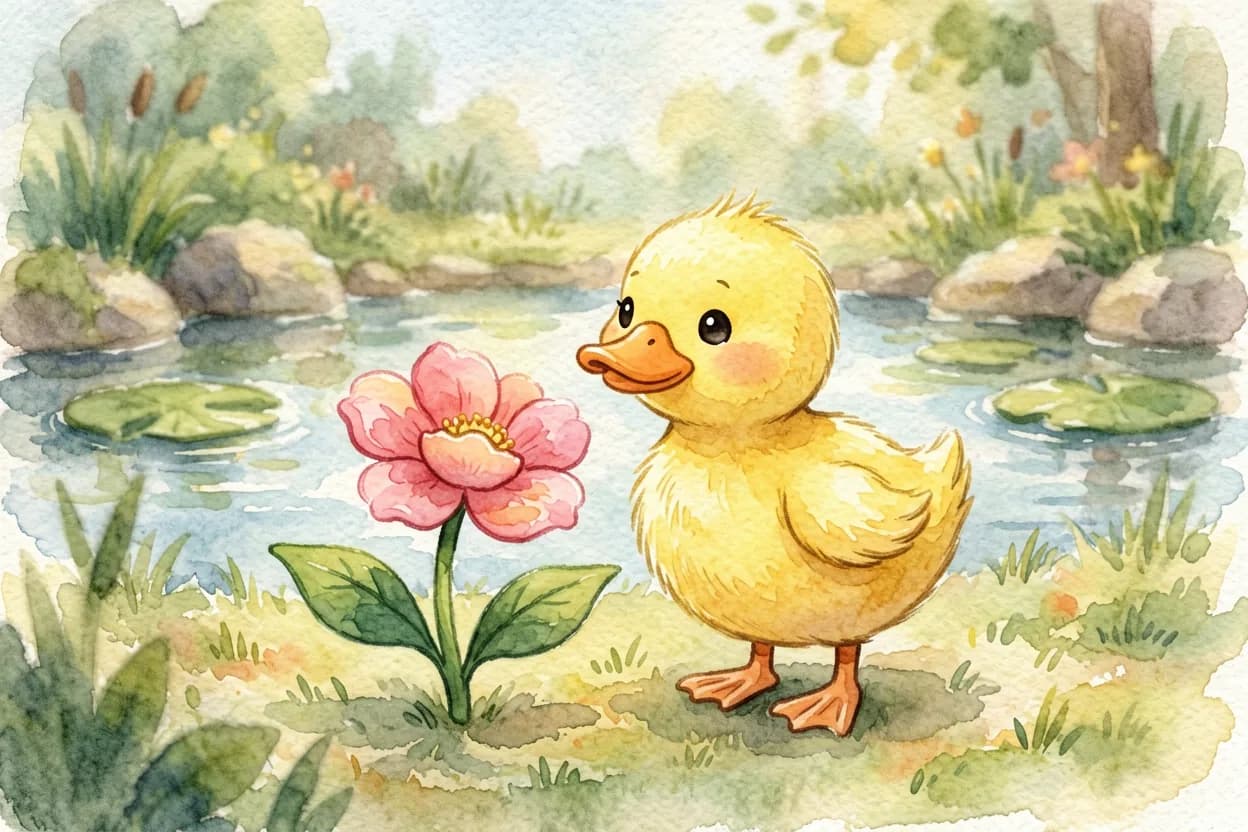 The little duckling proudly beside a beautiful blooming flower she has grown from her care