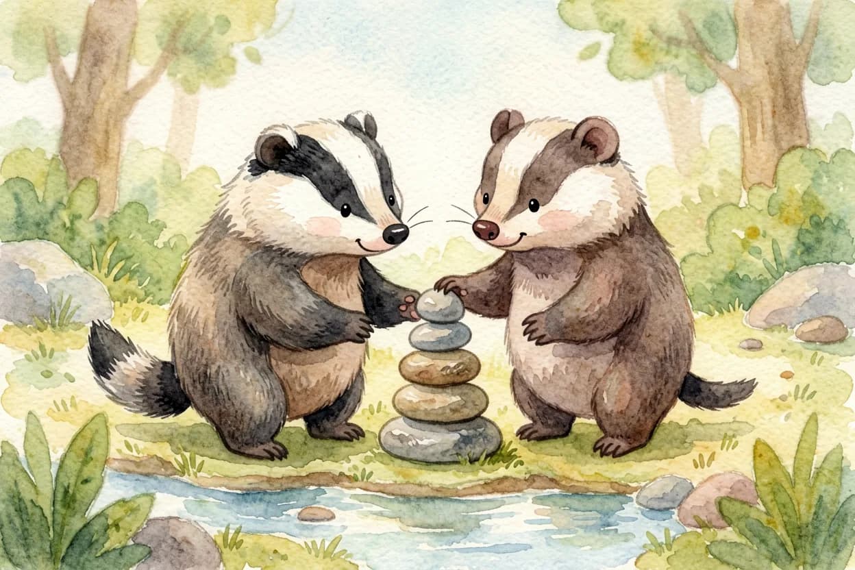 Watercolor illustration of a little badger gently apologizing and helping a friend rebuild a toppled block tower