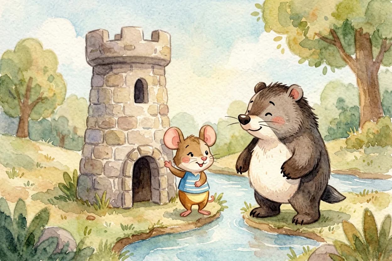 A little mouse proudly showing a tall stone tower to a little badger by a stream