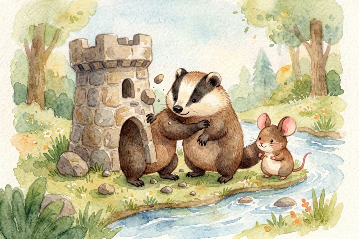 The little badger carelessly knocking over the mouse's stone tower, stones scattering