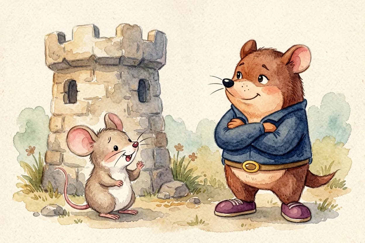The mouse crying beside his ruined tower while the badger crosses his arms and looks away