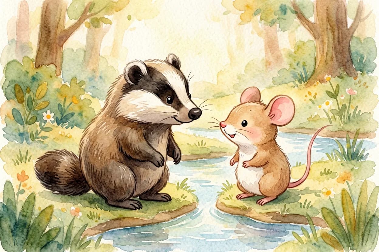 The little badger sincerely apologising to the mouse, looking him in the eyes
