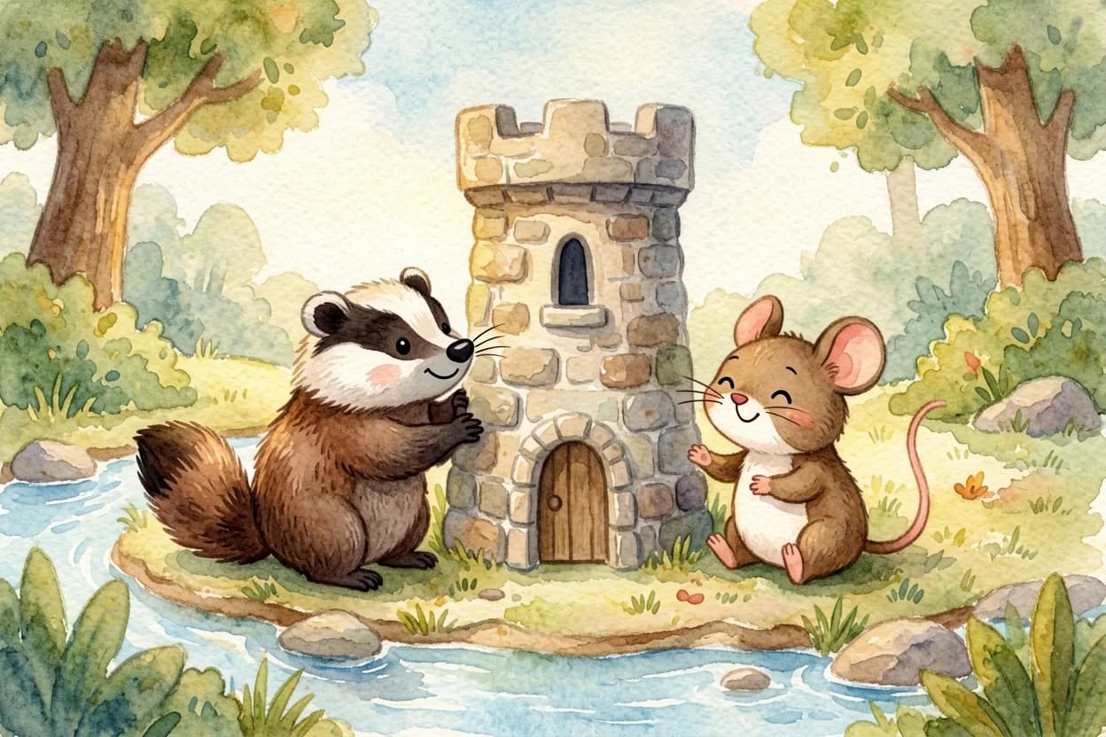 The badger and mouse smiling as they begin to rebuild the stone tower together