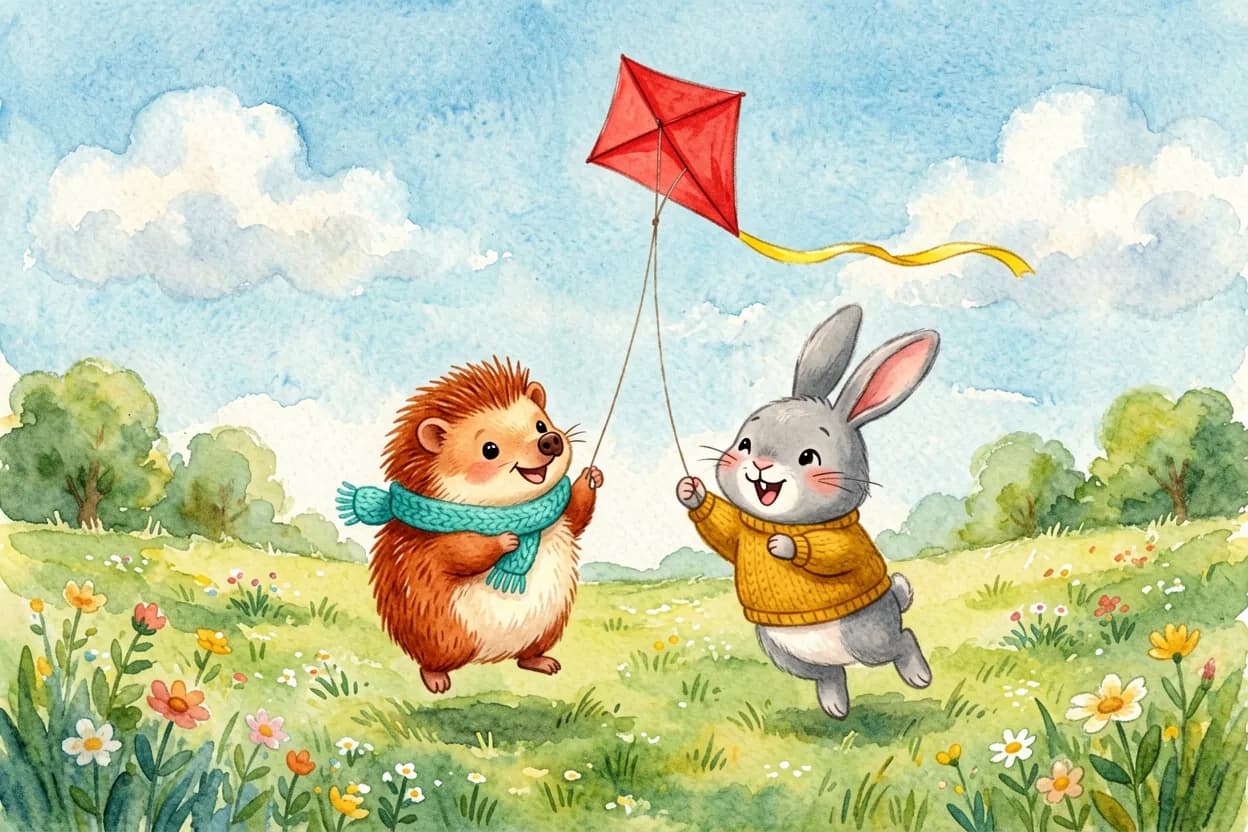 Watercolor illustration of a small hedgehog and a grey bunny flying a red kite together in a sunny meadow