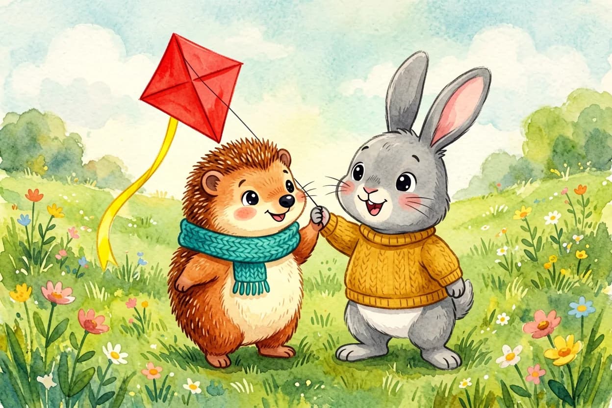 A small hedgehog in a teal scarf proudly holds a bright red kite in a sunny meadow