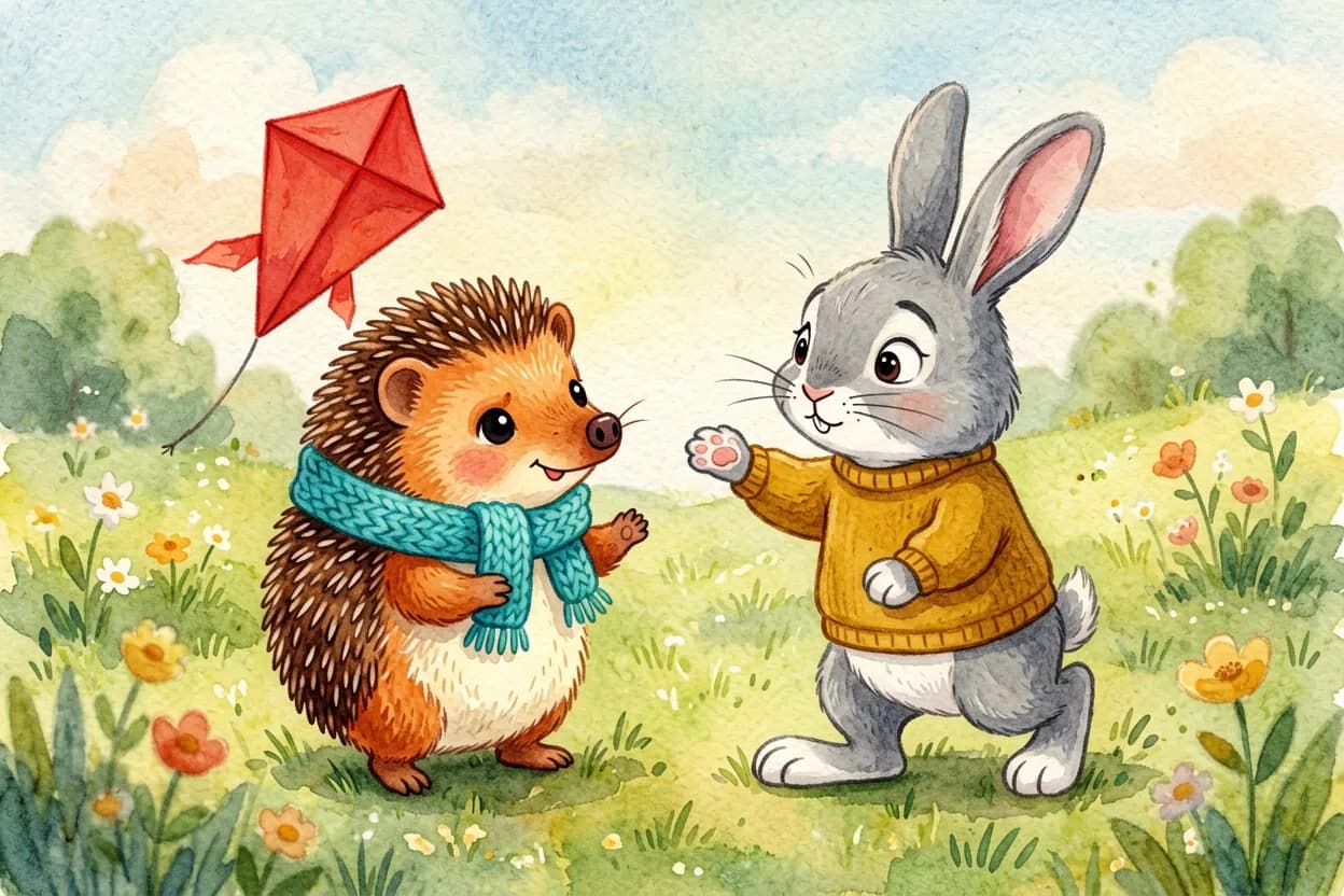A grey bunny reaches out hopefully while the hedgehog hugs his red kite close and turns away