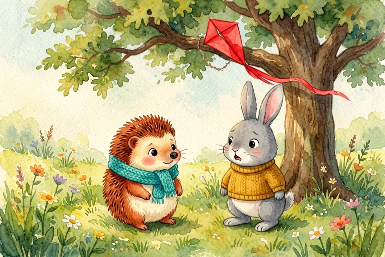 The red kite is tangled high in an oak tree while the small hedgehog looks up, worried and alone