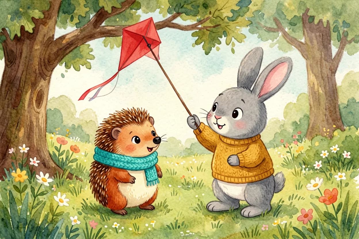 The grey bunny gently uses a long stick to free the red kite from the tree as the hedgehog watches gratefully