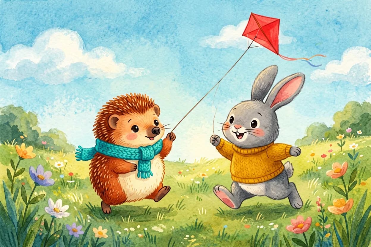 The hedgehog and bunny fly the red kite together, both holding the string and laughing as they run