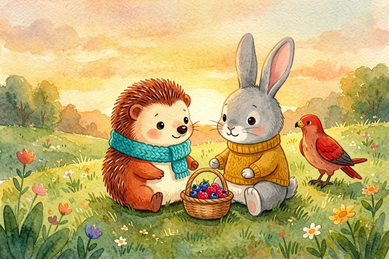 The two friends sit together on a hill at sunset, sharing berries with the red kite resting beside them