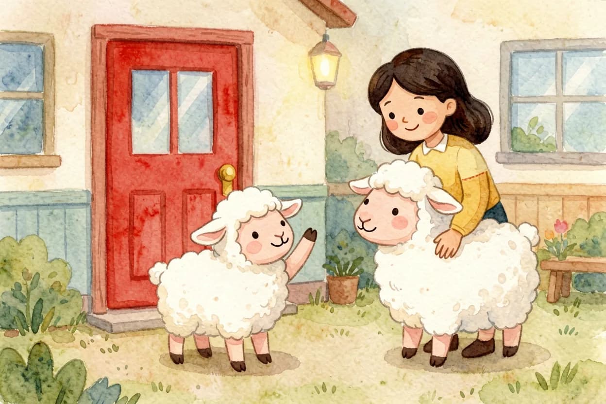 Watercolor illustration of a little lamb waving goodbye at a cheerful preschool doorway with a friendly teacher