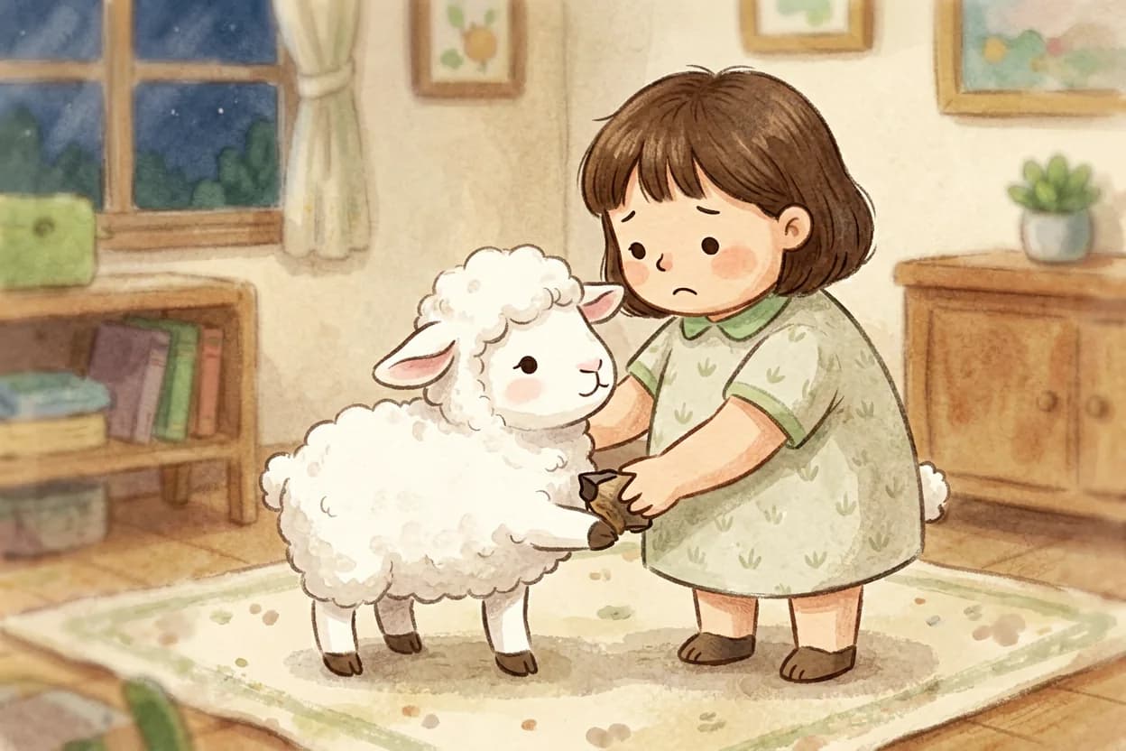 A little lamb holding her mother's hoof, looking worried the night before preschool