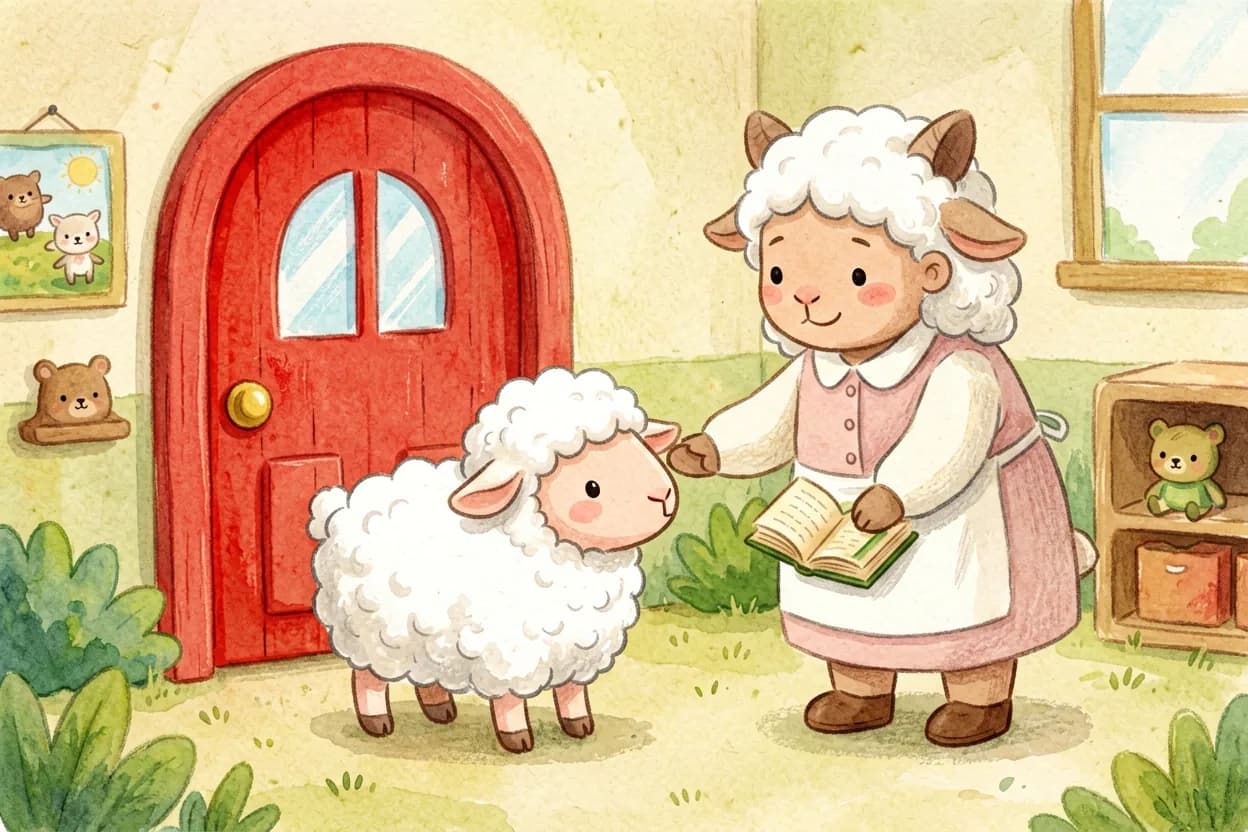A little lamb arriving at a cheerful preschool with a red door, greeted by a kind teacher