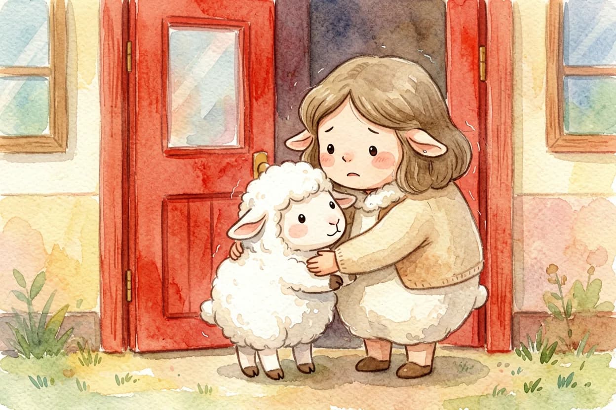 A little lamb hugging her mother goodbye at the preschool door, looking teary