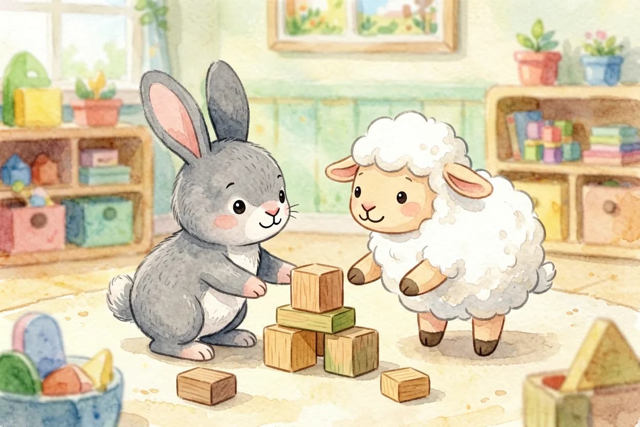 A friendly little bunny inviting the lamb to play, the lamb starting to feel less alone