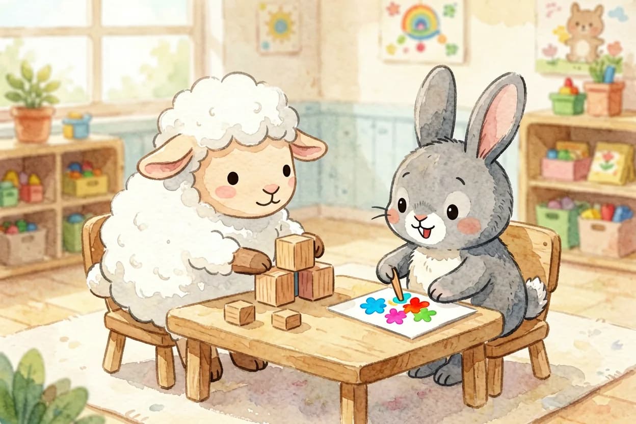 The lamb and bunny happily building, painting, and playing together at preschool