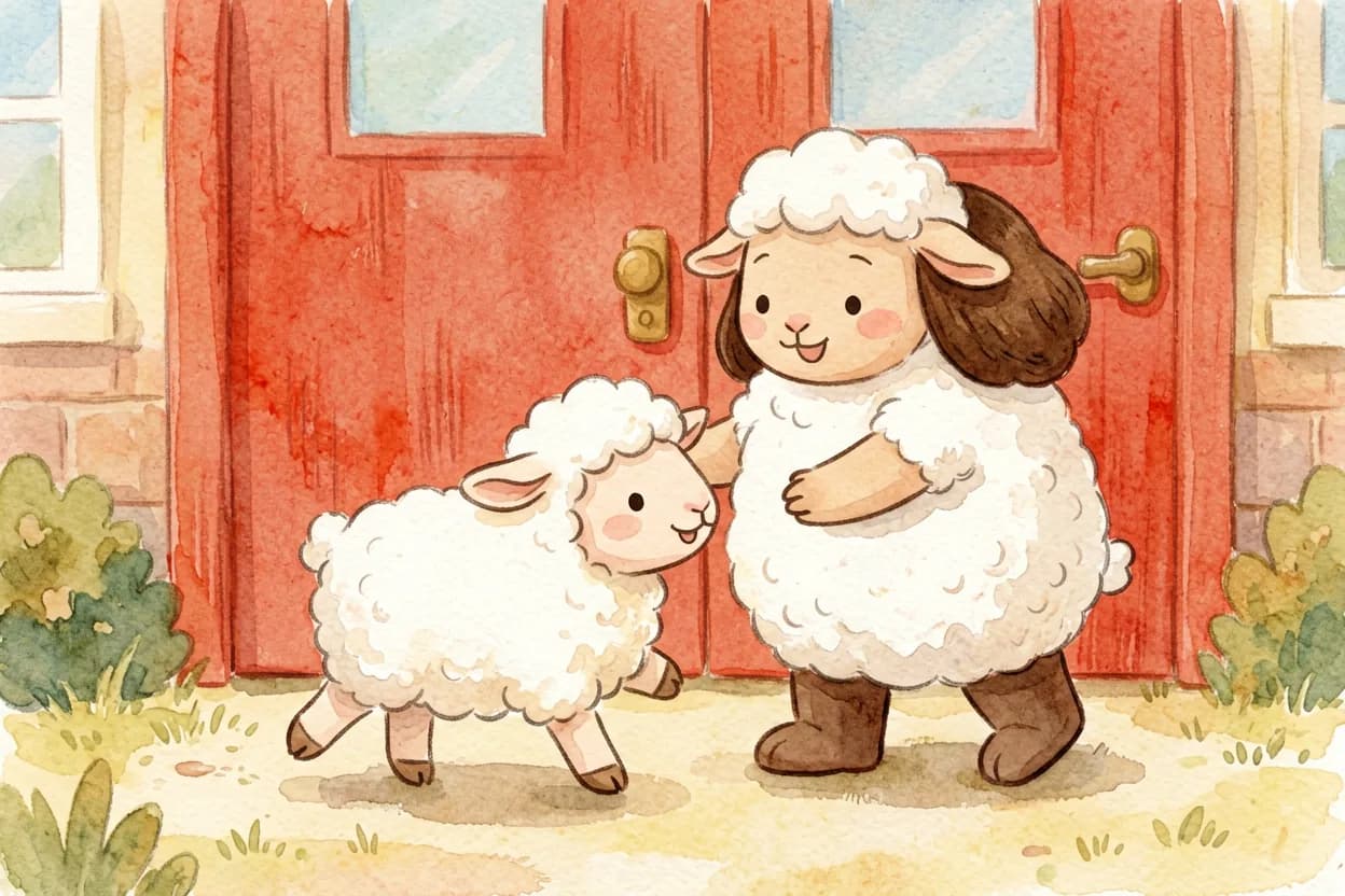 The lamb running joyfully into her mother's arms at pickup time by the red door