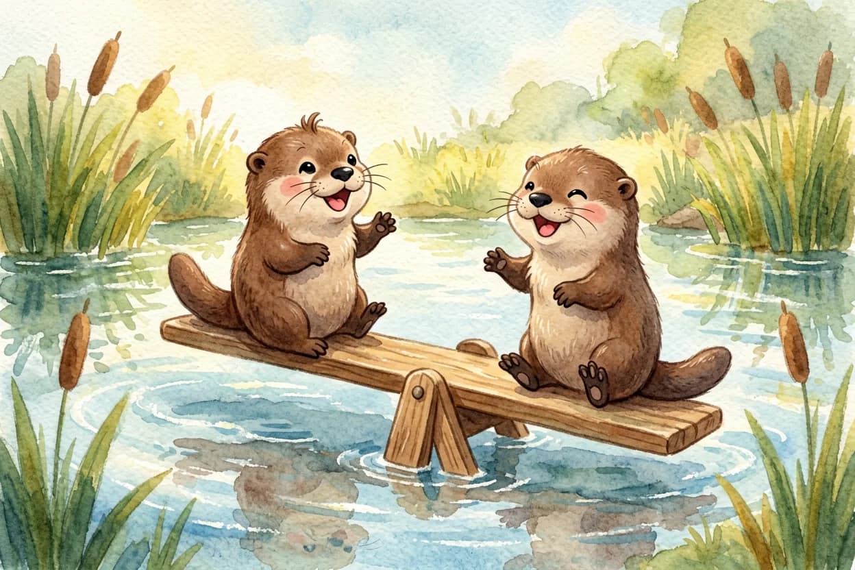 Watercolor illustration of two little otters happily playing on a see-saw together by a sparkling pond