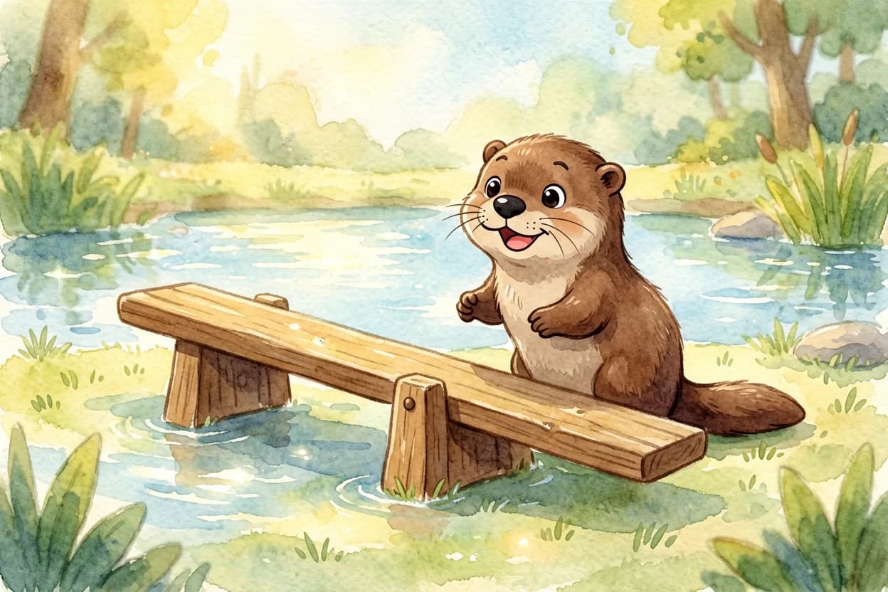 A little otter discovering a wooden see-saw by a sparkling pond, eyes wide with delight