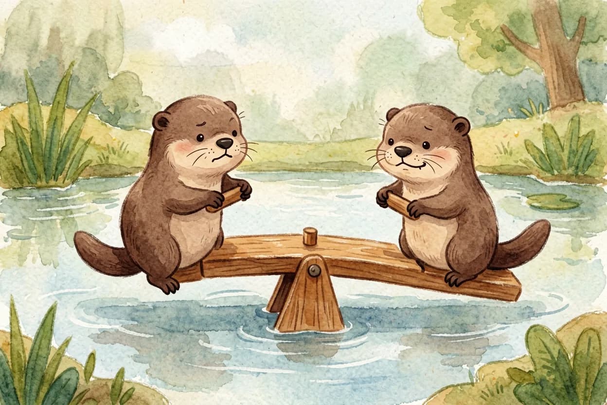 Two otters both grabbing a see-saw at once, tugging and frowning, each wanting to go first