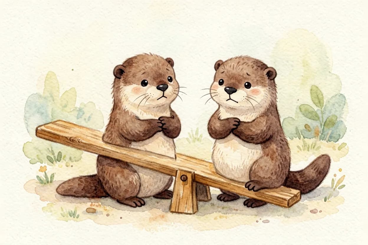Two otters sitting with backs to each other, arms crossed and sulking beside the still see-saw