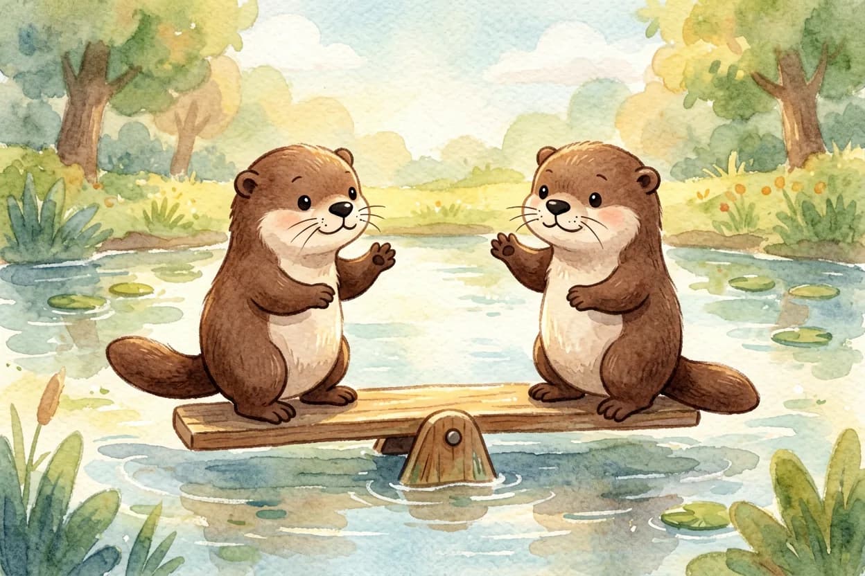 One otter having a bright idea and gesturing to the other that a see-saw needs two, taking turns