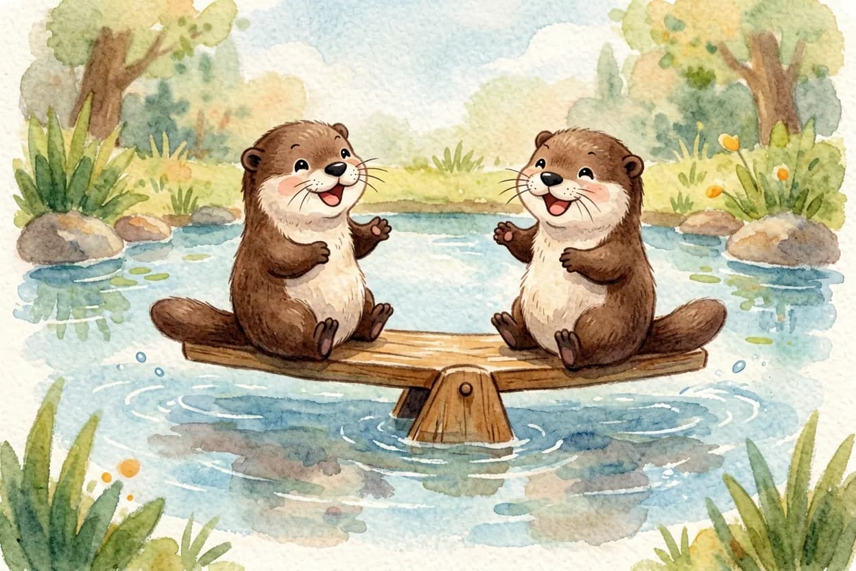 Two otters riding the see-saw together, taking turns going up and down, both laughing joyfully