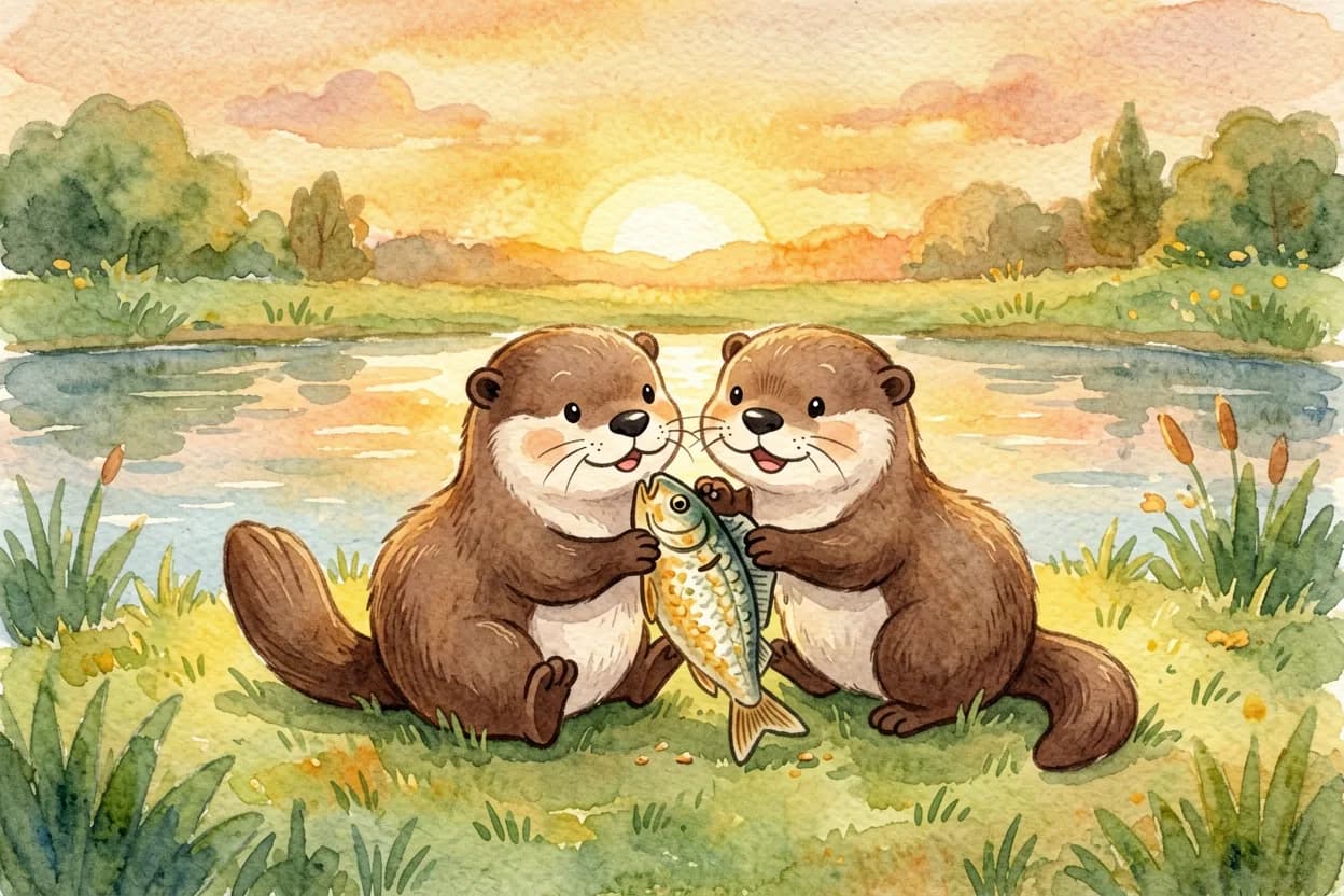 Two otters resting together on the grass by the pond at sunset, sharing a fish snack