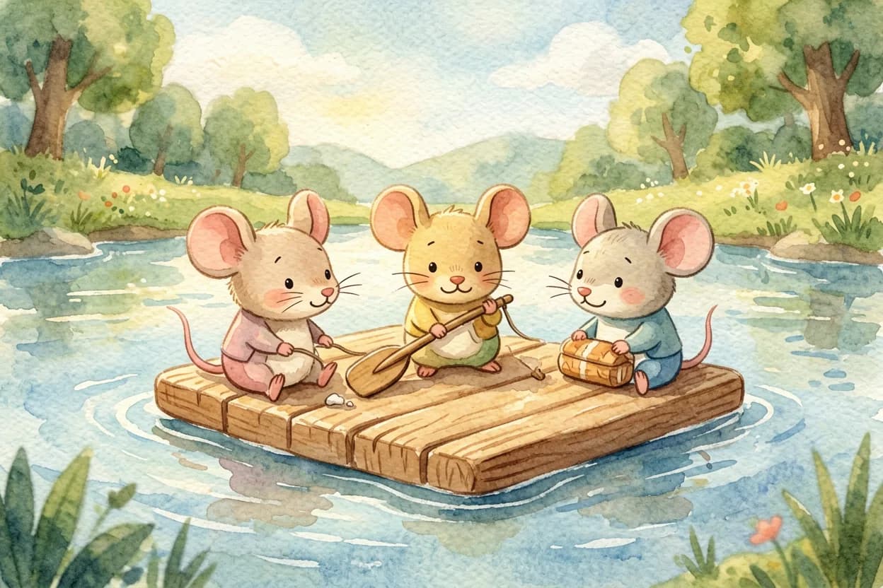 Watercolor illustration of three little mice working together to build a raft on a sunny riverbank