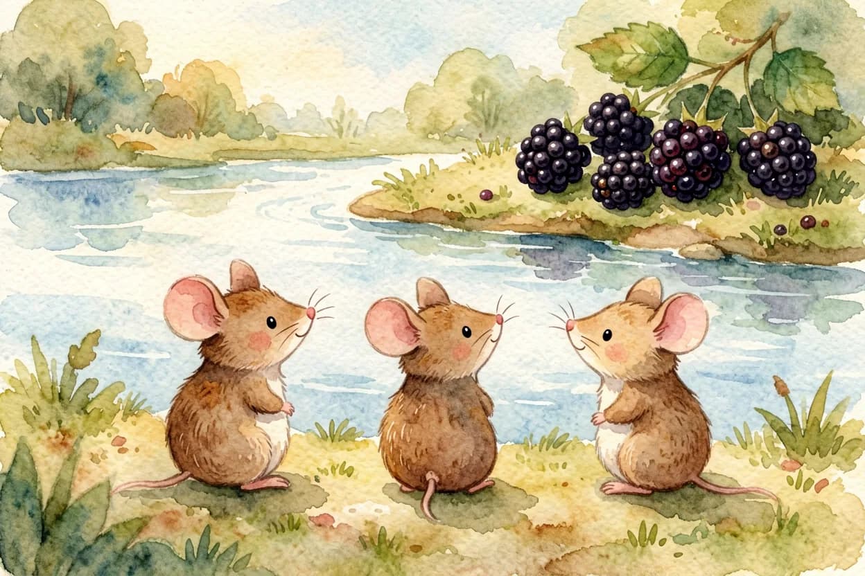 Three little mice gazing longingly across a wide river at blackberries on the far bank