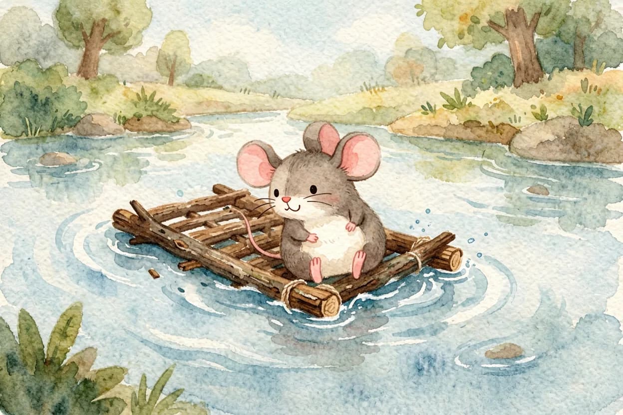 One little mouse's tiny raft falling apart in the river as he tumbles into the water