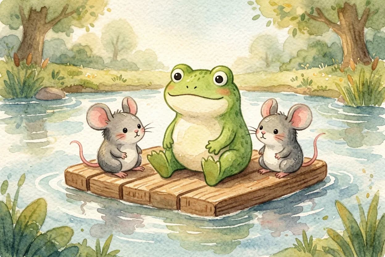 A wise old frog suggesting to the three glum mice that they build one raft together