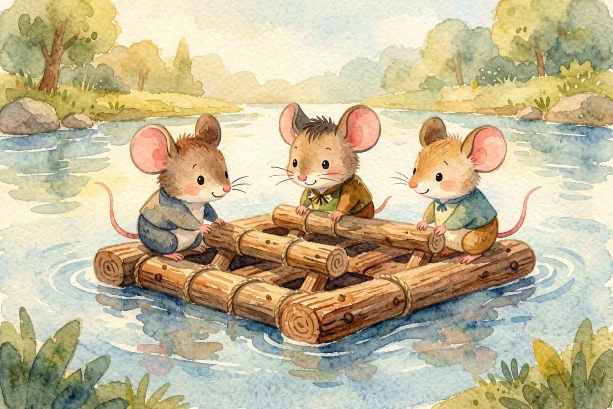 The three mice working together, each doing their part, building one big sturdy raft