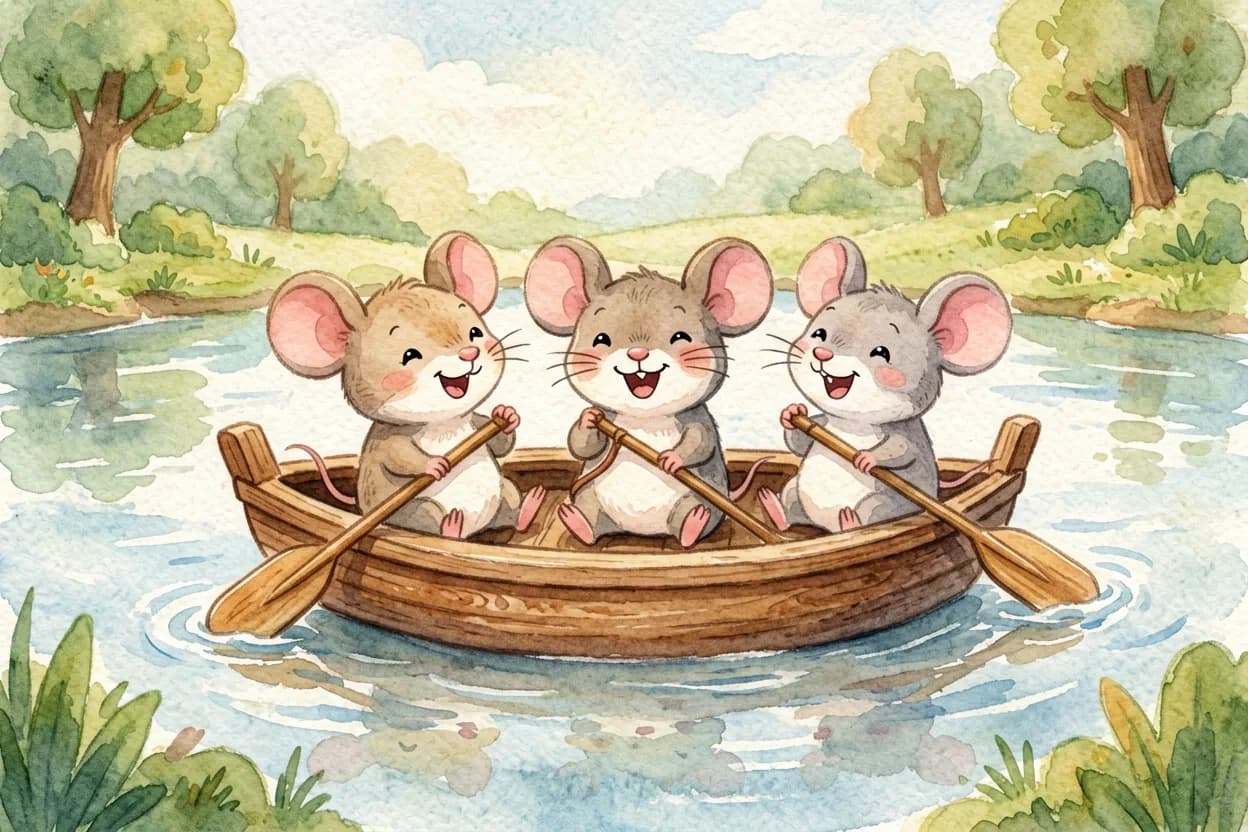 The three mice paddling their sturdy raft across the river together, cheering with joy