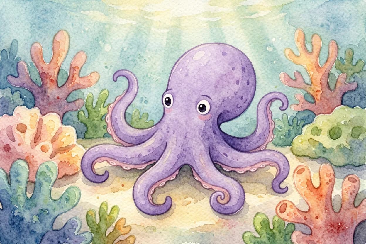 Watercolor illustration of a gentle little octopus with tangled arms being comforted among soft coral