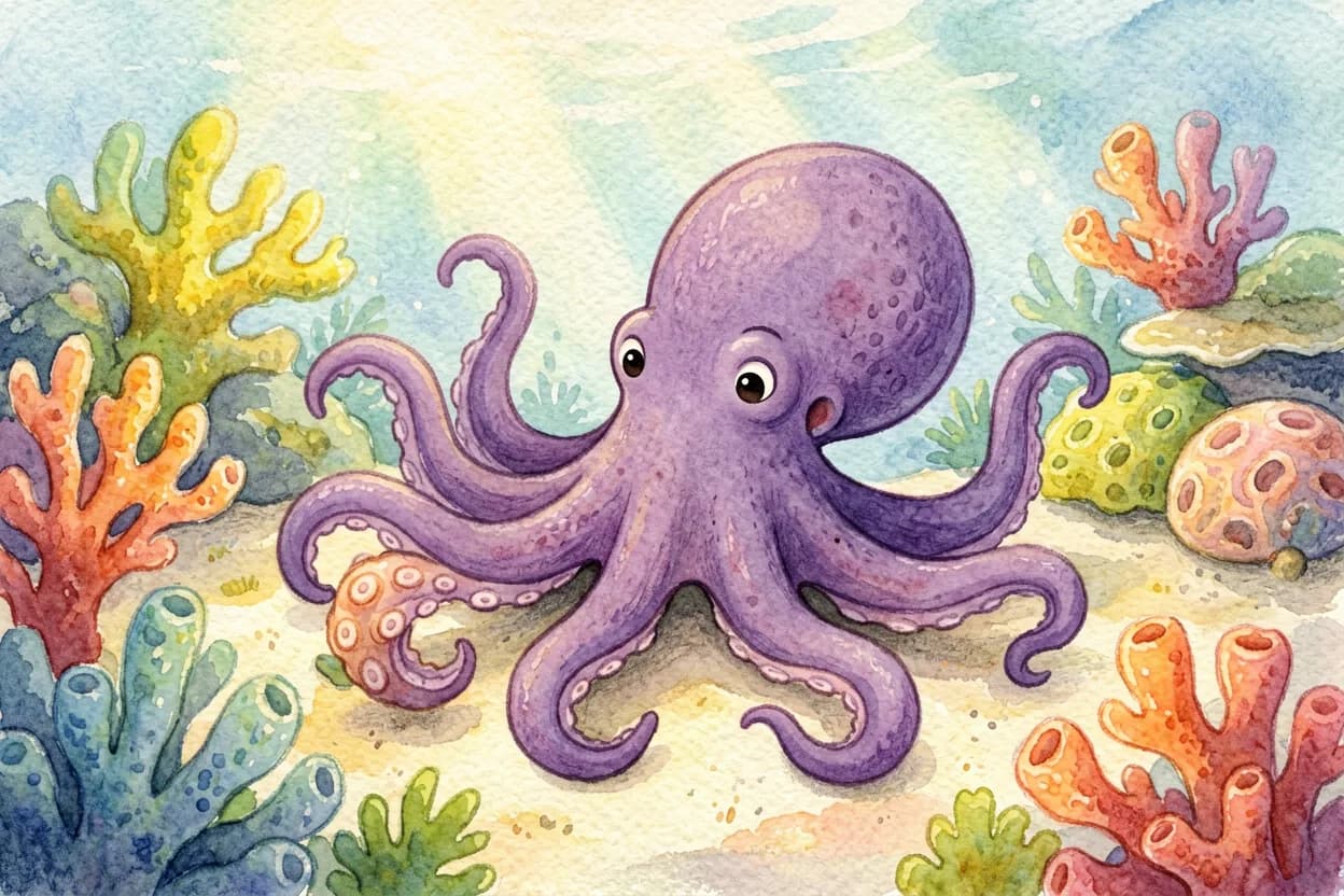 A gentle little octopus with eight wavy arms among colourful coral, looking thoughtful