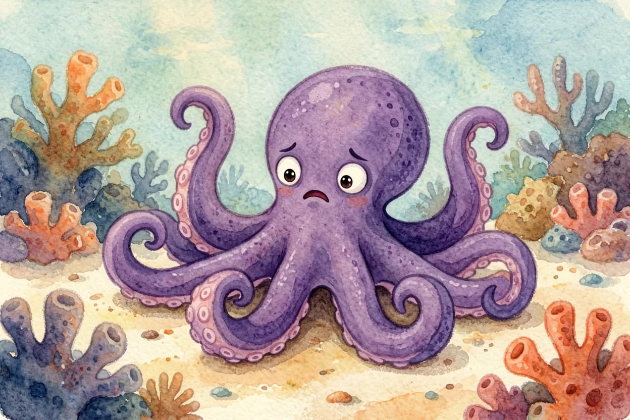 The little octopus with all eight arms tangled in a big knot, looking overwhelmed and stuck