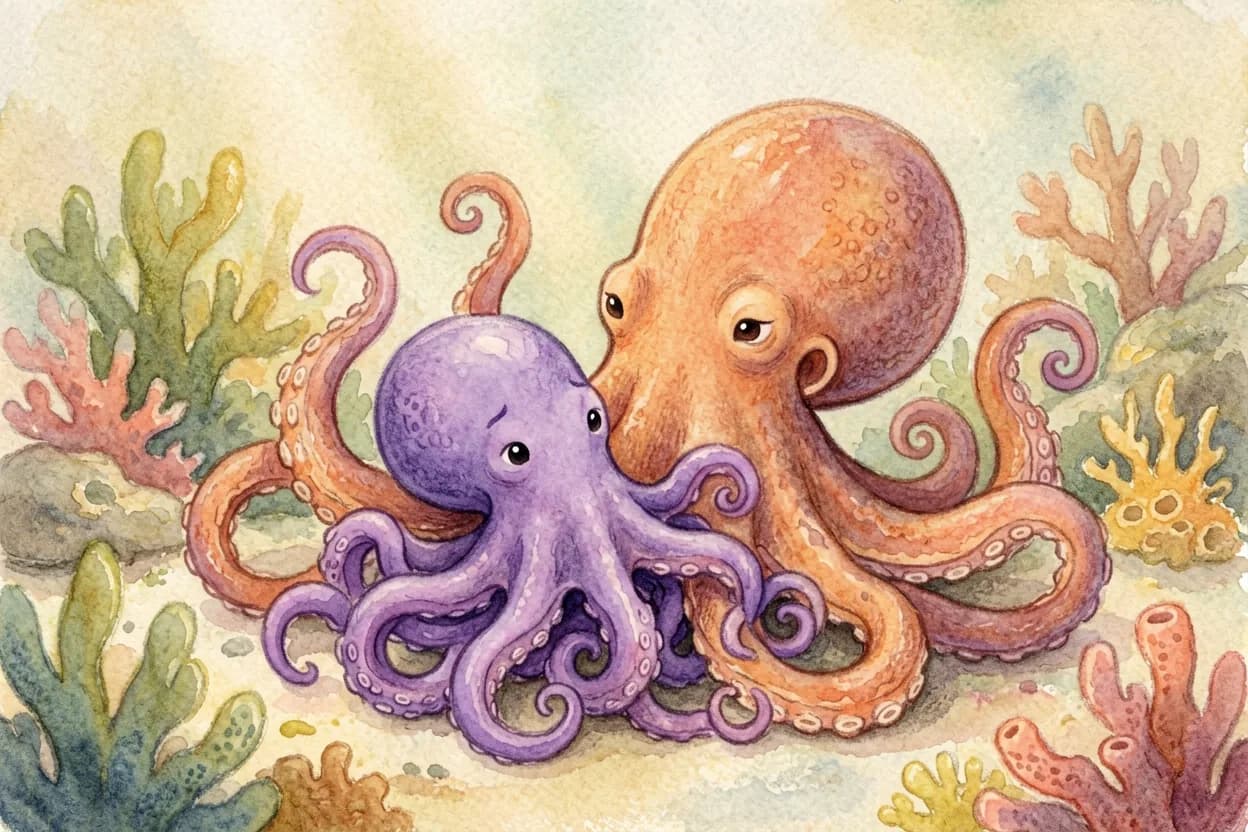 The mother octopus gently wrapping the tangled little octopus close, ready to listen