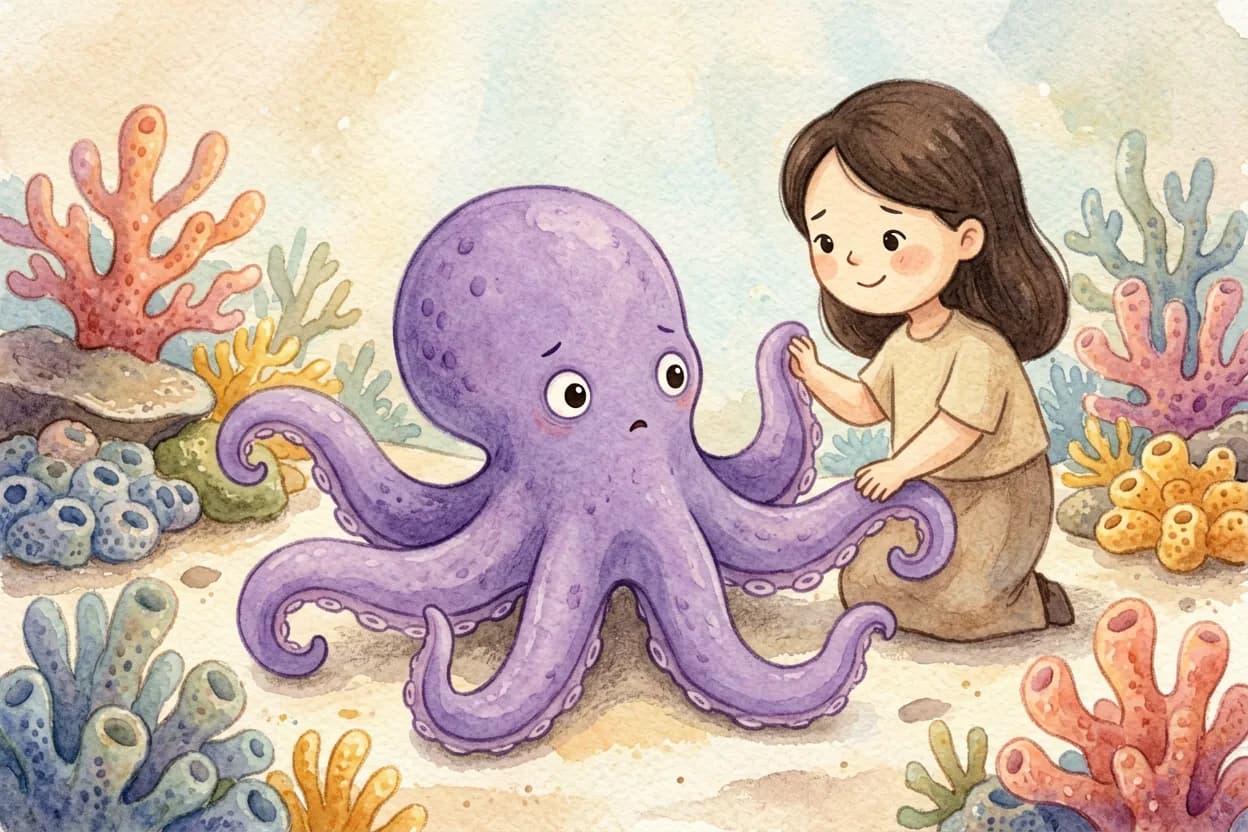 The little octopus telling her worries one by one as her arms gently untangle, mother listening