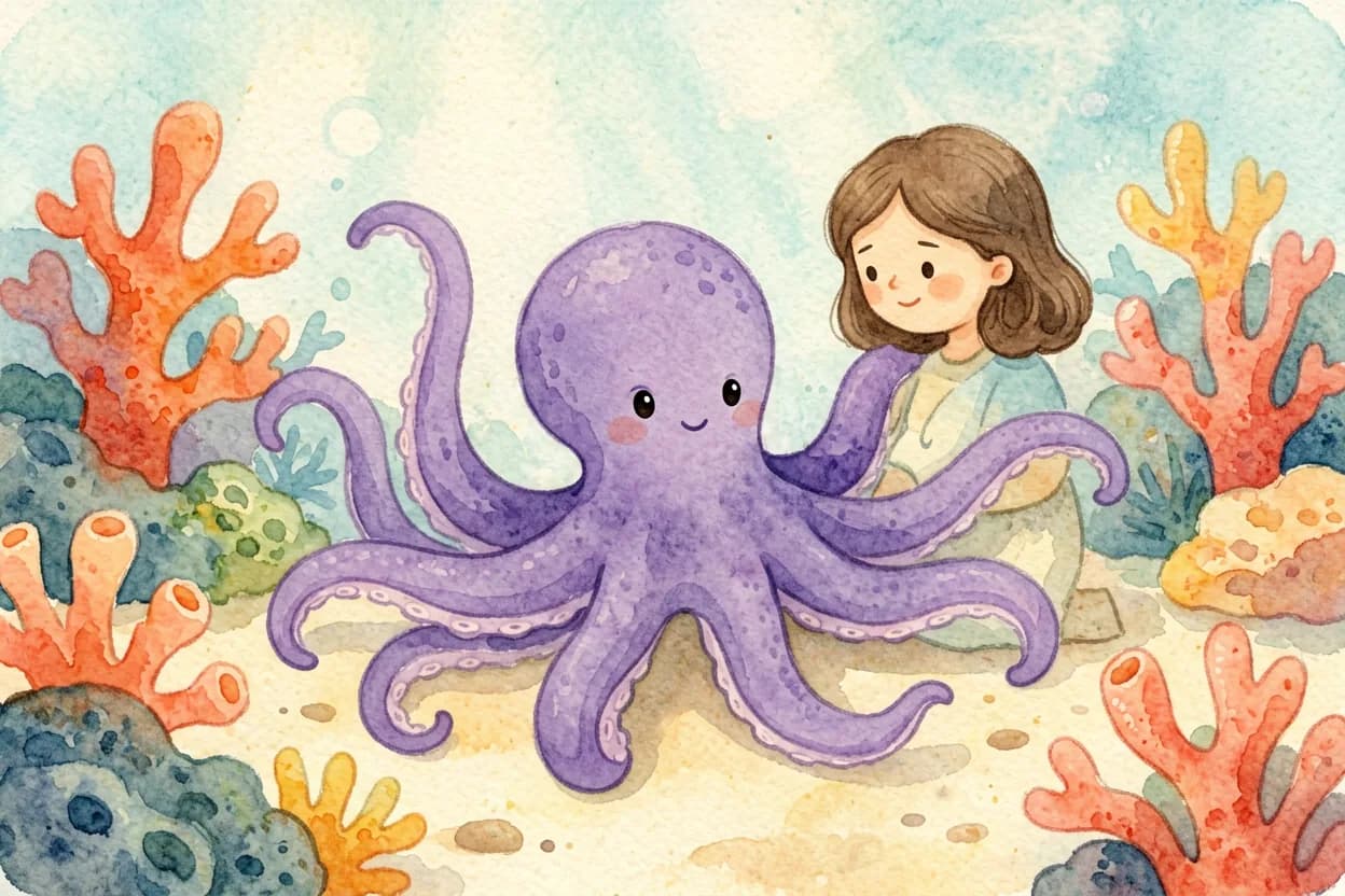 The little octopus with all arms free and wavy again, feeling light and calm beside her mother