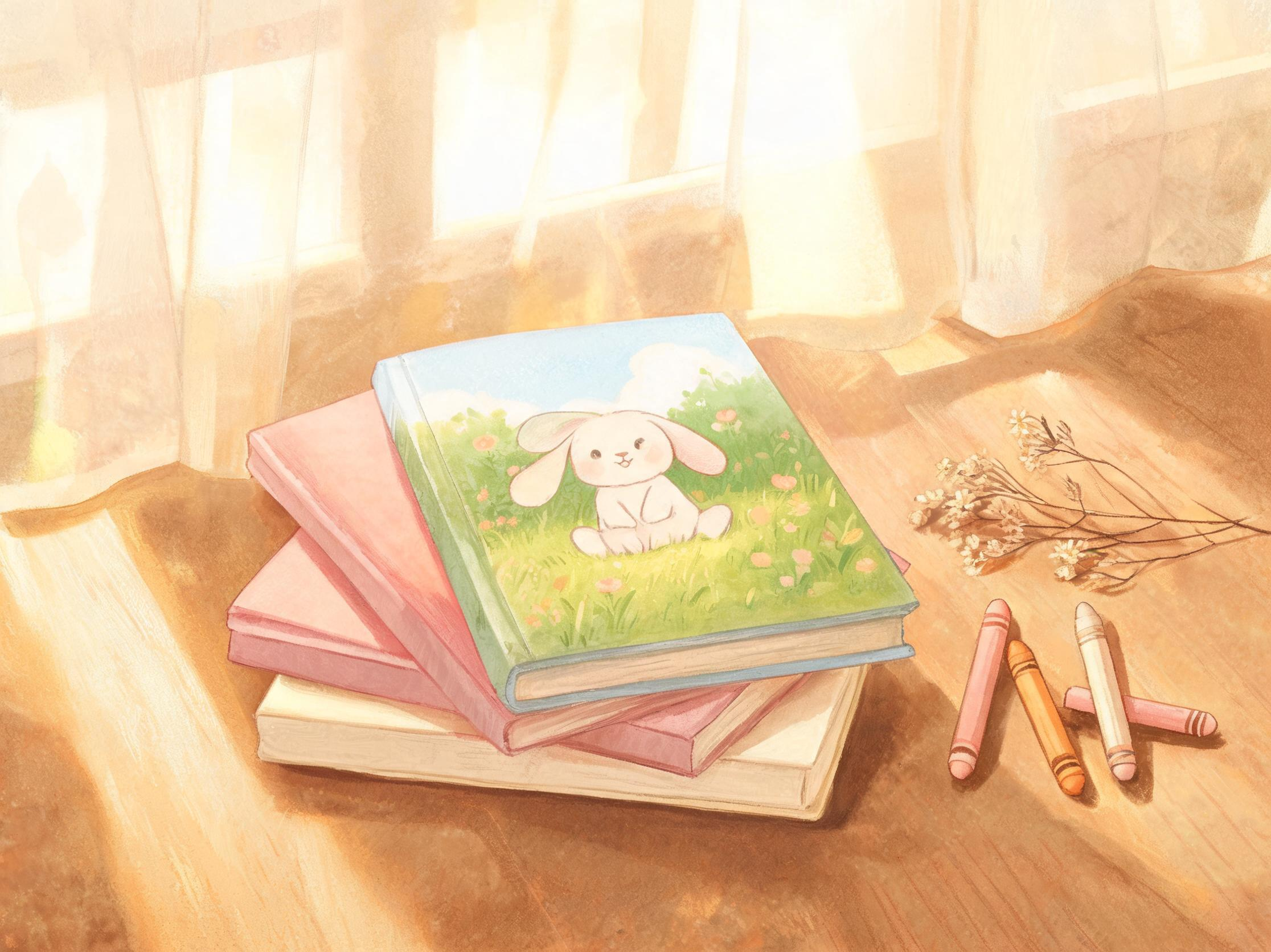 A small neat stack of three hardcover printed picture books on a sunny wooden table; the top book's cover shows a small illustrated bunny in a meadow.
