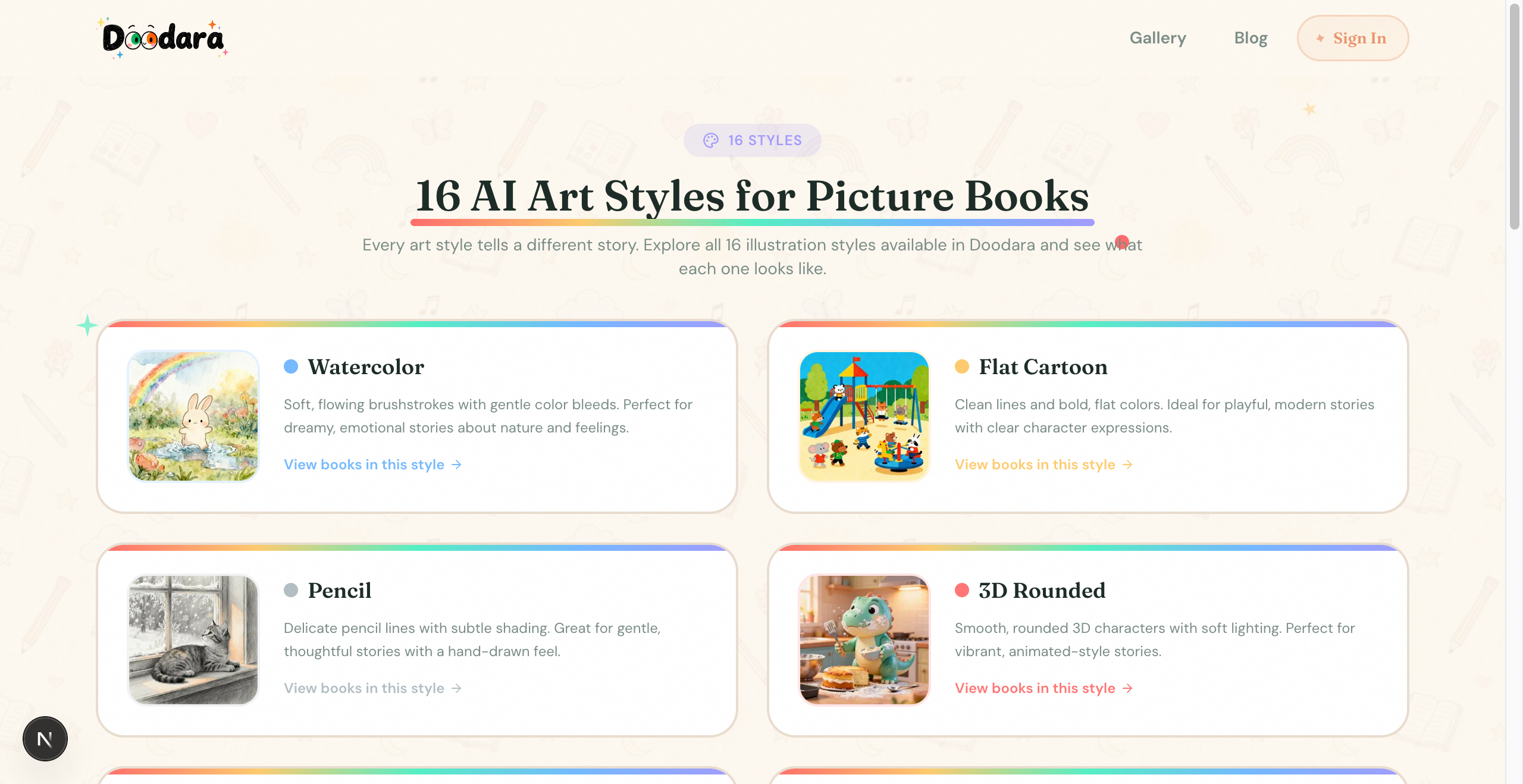 Doodara art style picker showing watercolor, flat cartoon, pencil, and 3D rounded options.