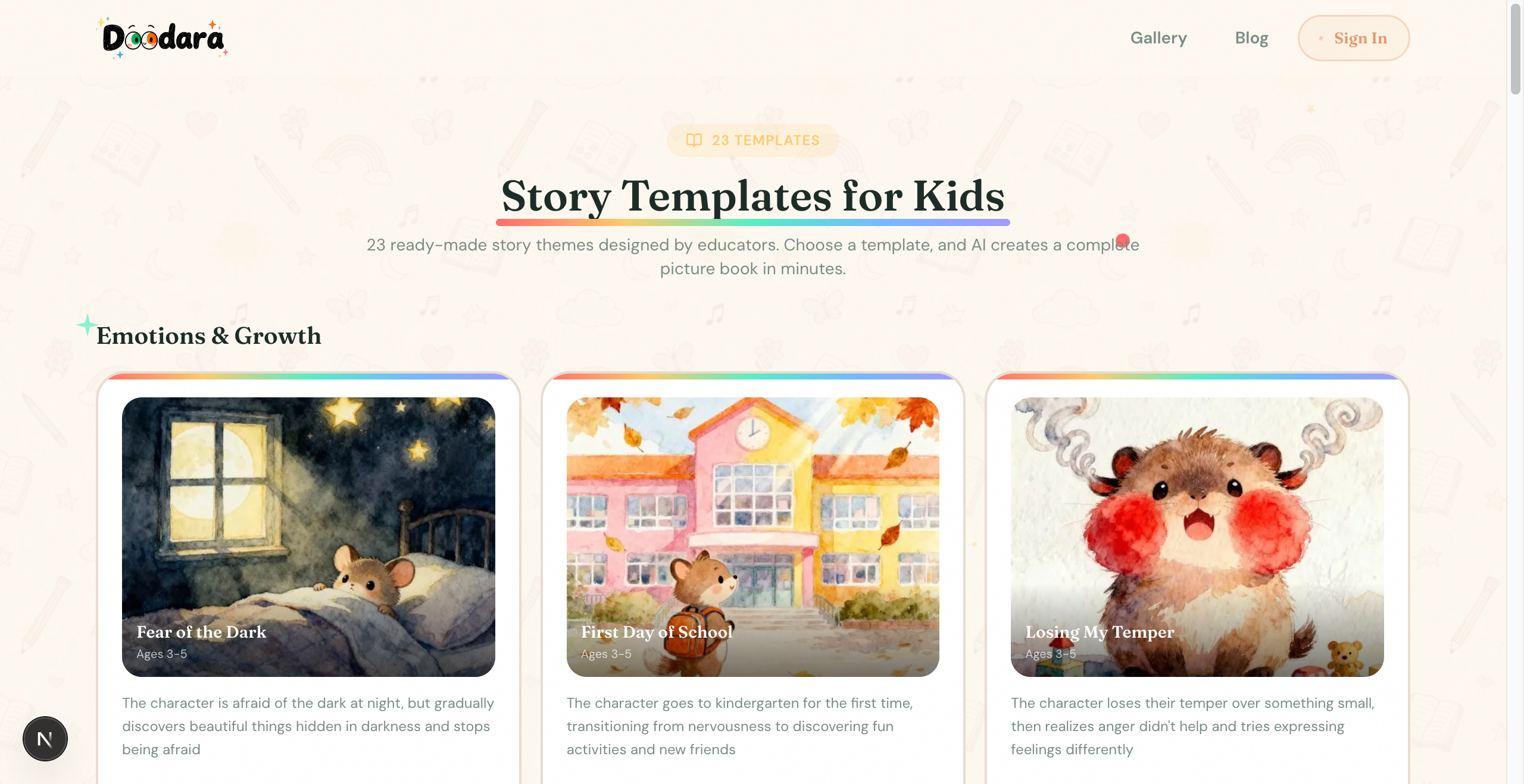 Doodara story templates page showing three example stories grouped under Emotions & Growth.
